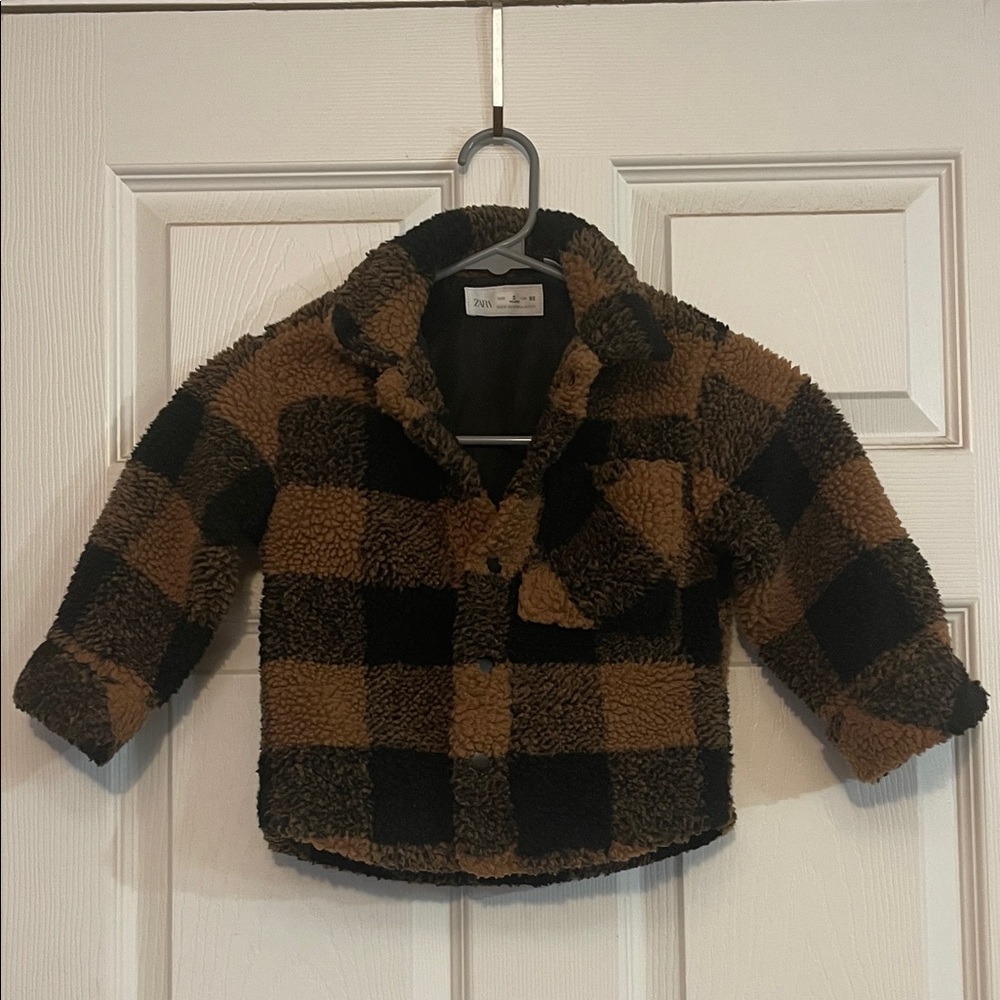 Zara Kids Black and Brown Plaid Teddy Jacket